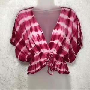 pink & white tie dye smocked low cut blouse